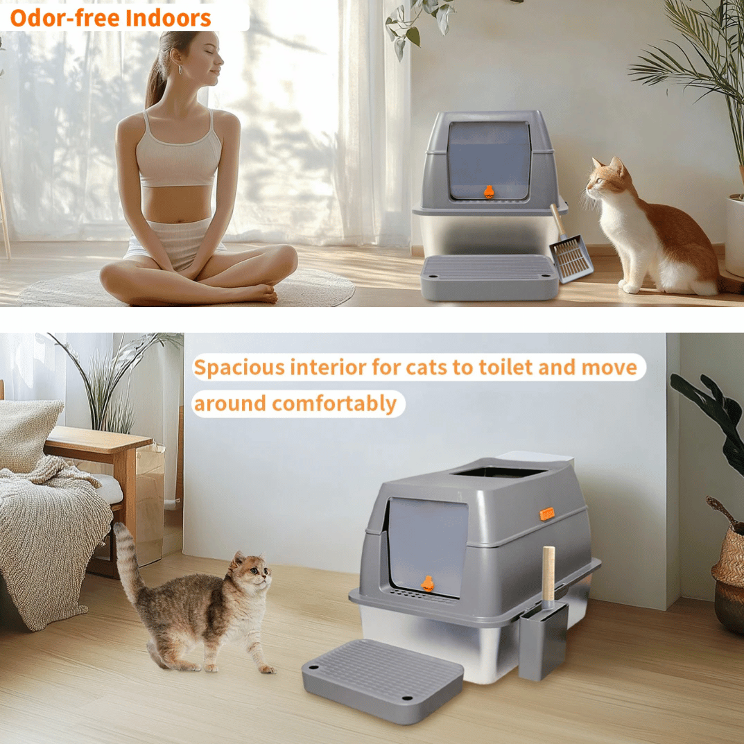 XL High-Sided Stainless Steel Enclosed Cat Litter Box with Step Tray, Scoop & Holder 15