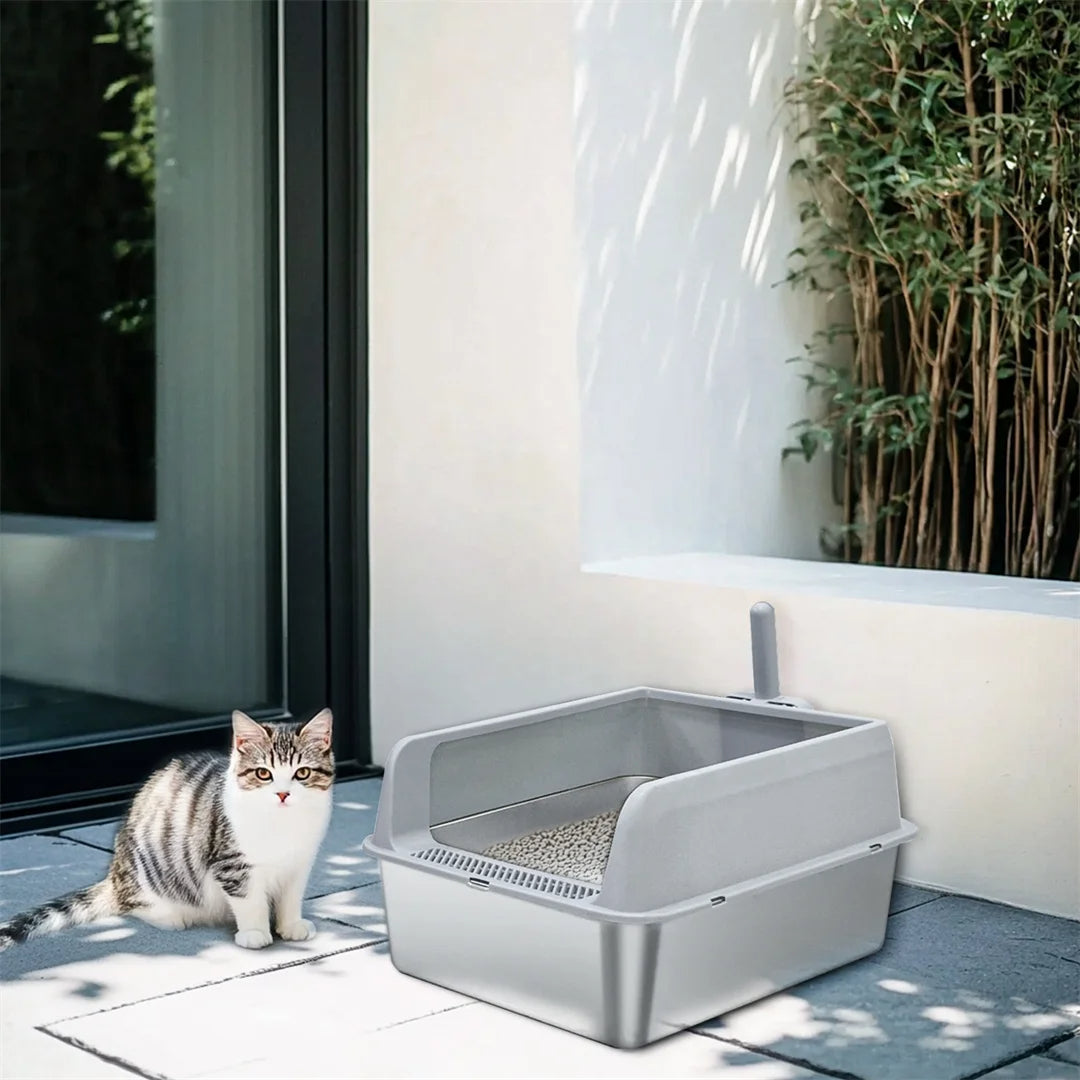 Semi-Enclosed Cat Litter Box with Stainless Steel Tray & Easy Entrance | Scoop Included 11