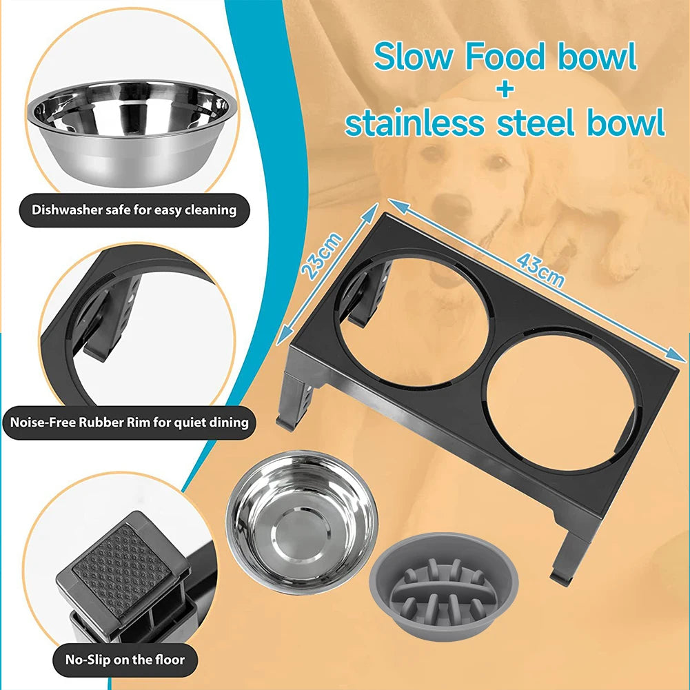 Raised Dog Bowl Stand with Adjustable Tilt & Stainless Steel & Slow-Feeding Bowls 3