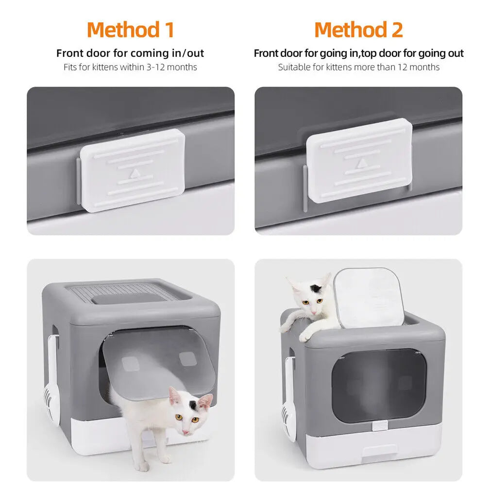 Dual-Entry Enclosed Cat Litter Box with Pull-Out Drawer Tray & Scoop 8