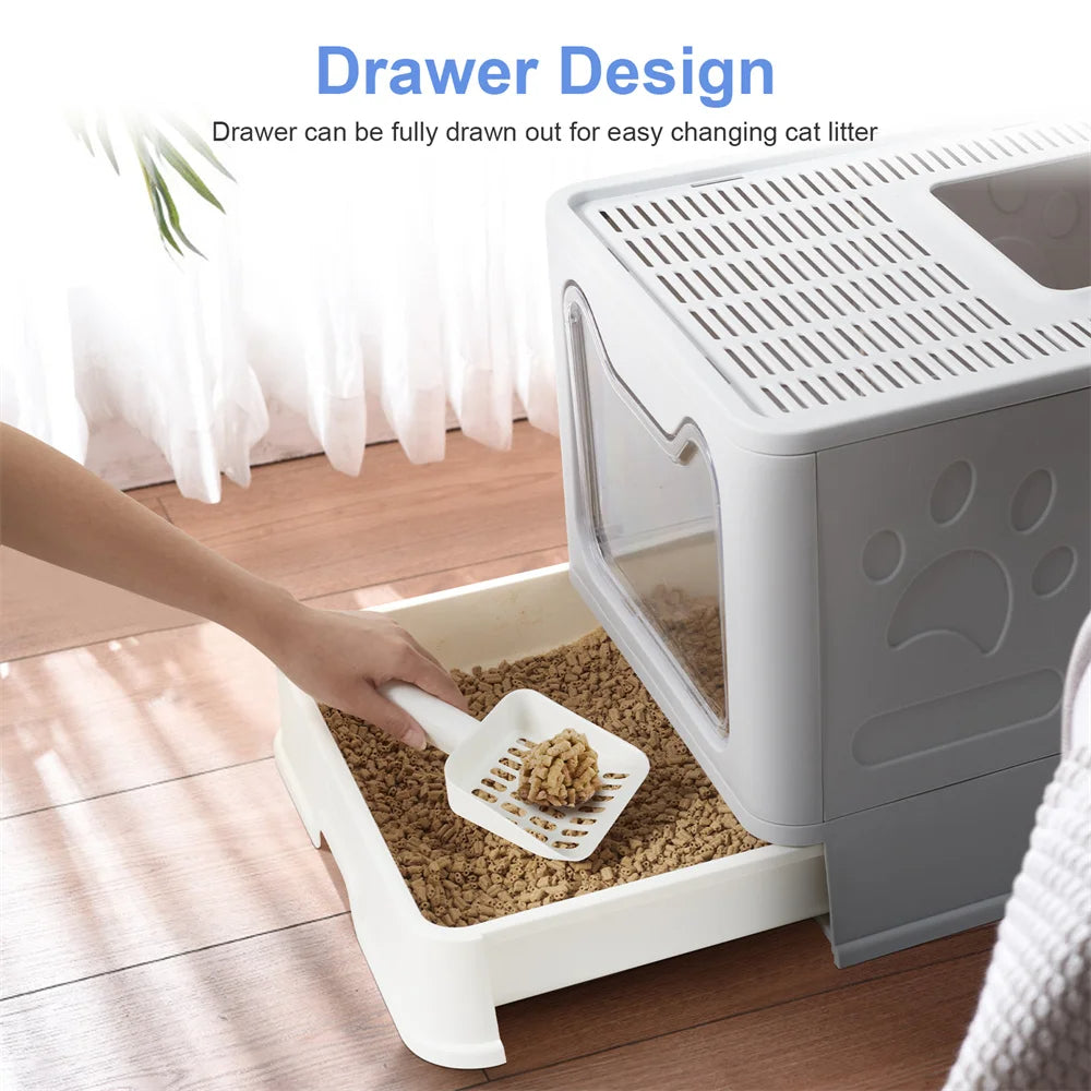 Front & Top Entry Enclosed Cat Litter Box with Drawer Tray & Scoop 21