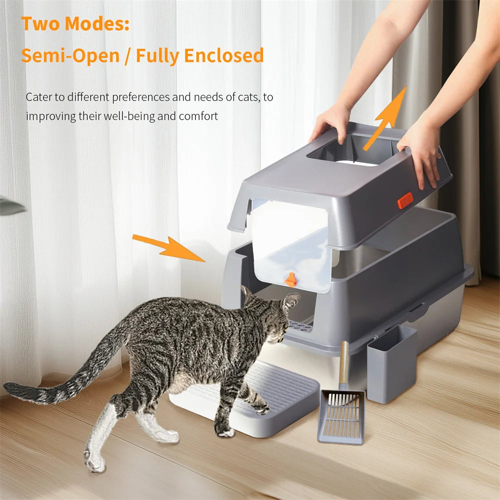 XL High-Sided Stainless Steel Enclosed Cat Litter Box with Step Tray, Scoop & Holder 12