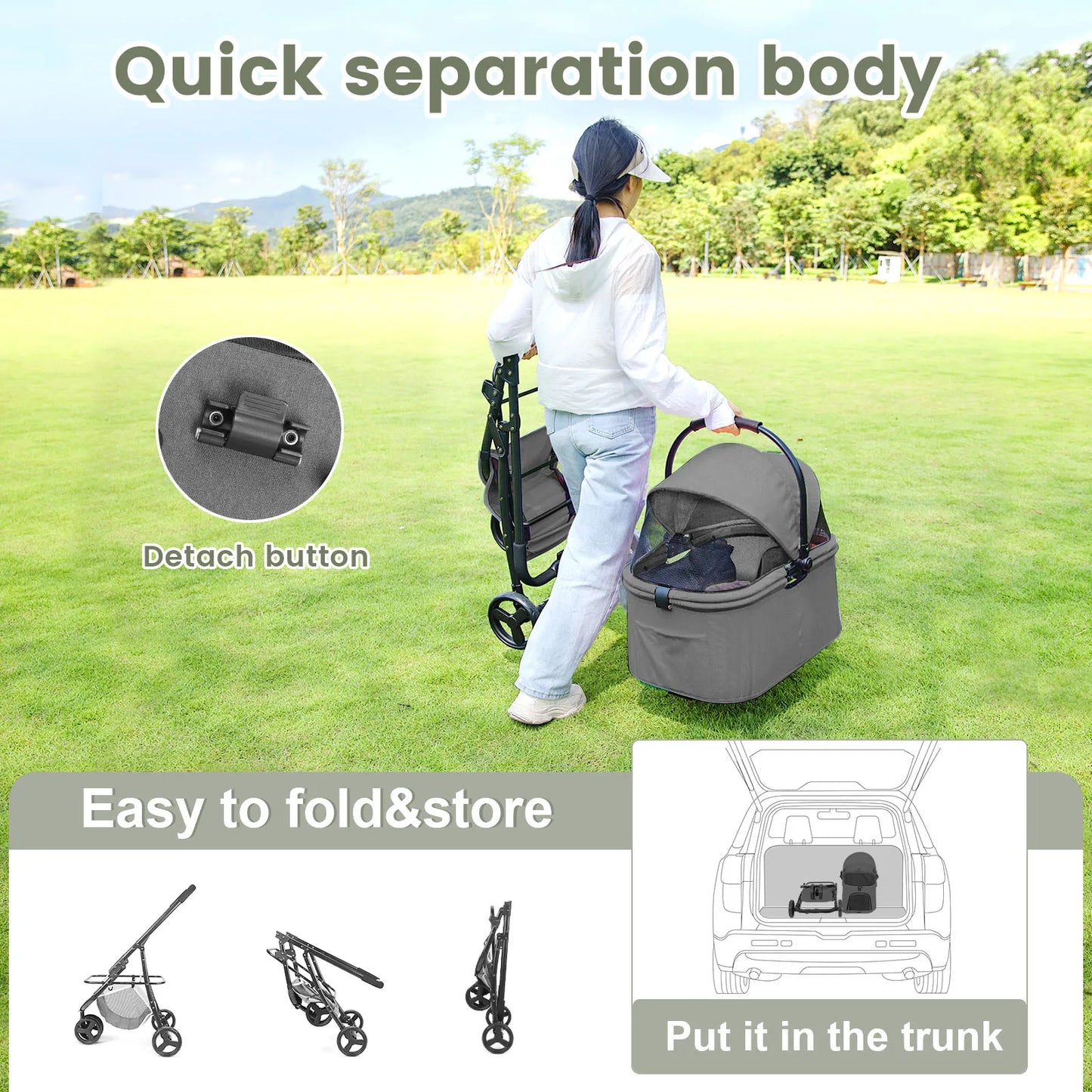 3-In-1 Foldable Dog Stroller with Detachable Carry Basket for Car Travel 5