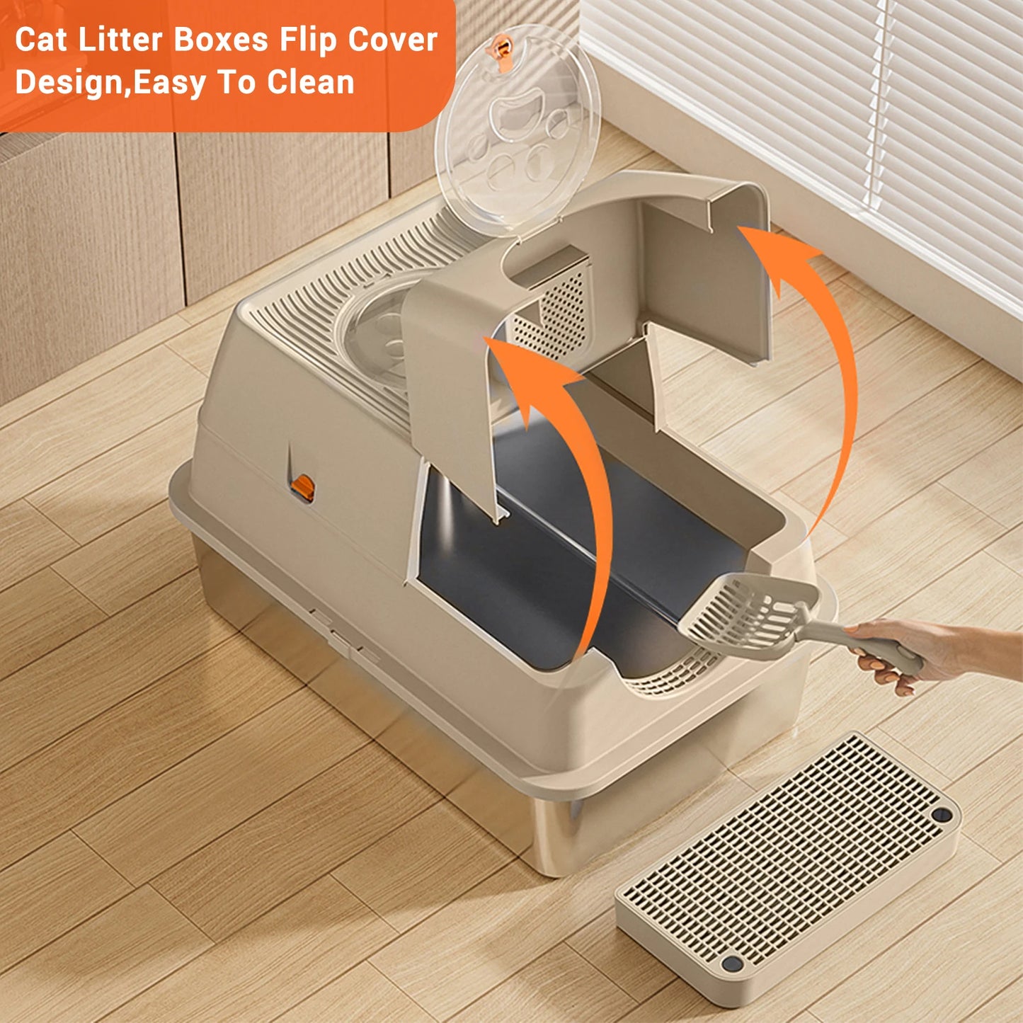 Fully Enclosed Cat Litter Box with Stainless Steel Tray & Easy-Flip Cover | Spill-Board & Scoop Included