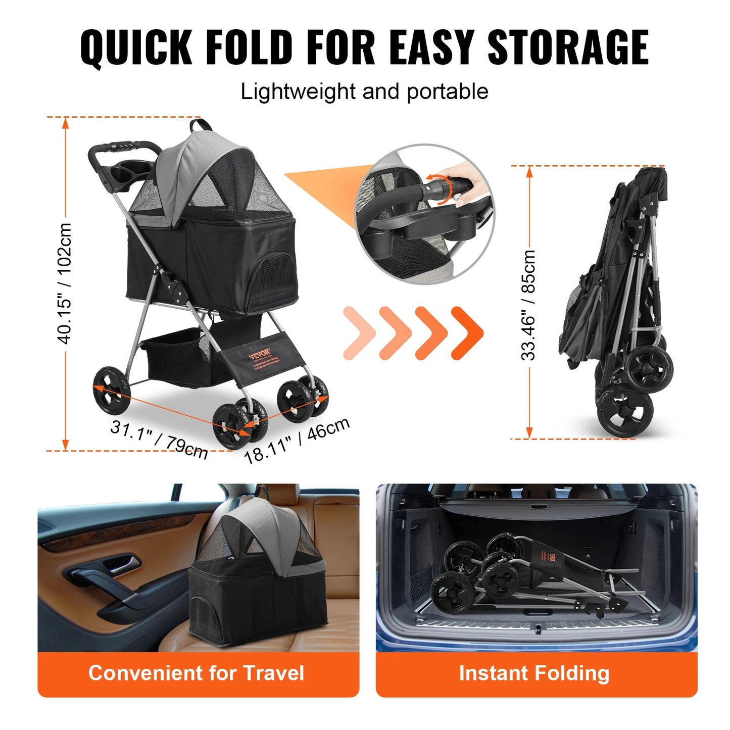 Small Dog 3-In-1 Quick-Folding Dog Stroller with Detachable Carry Basket for Car Travel 3