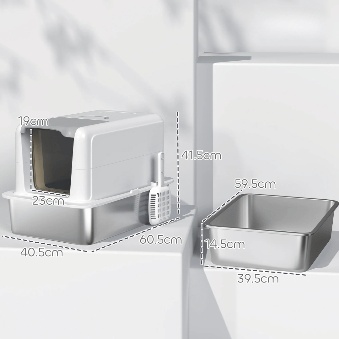 Large Enclosed Cat Litter Box with Removable Stainless Steel Tray, Front Flap, Handle & Scoop