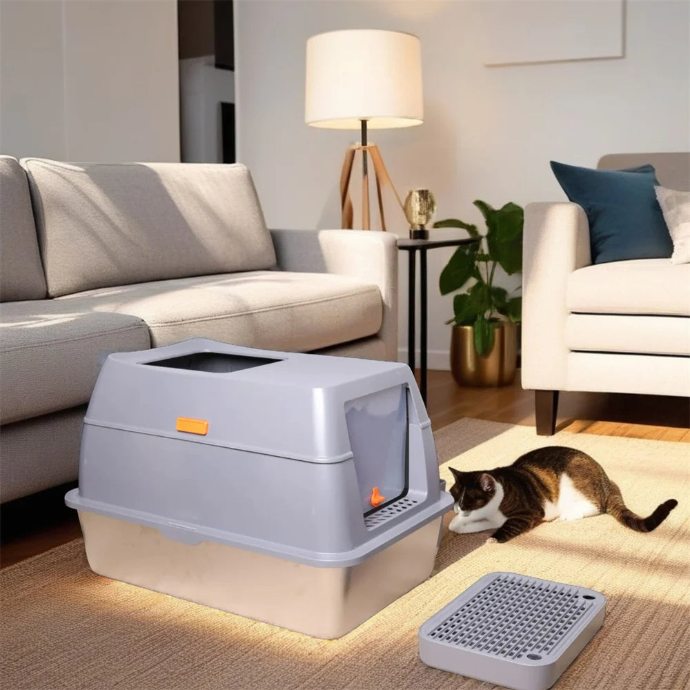 XL High-Sided Stainless Steel Enclosed Cat Litter Box with Step Tray, Scoop & Holder 14