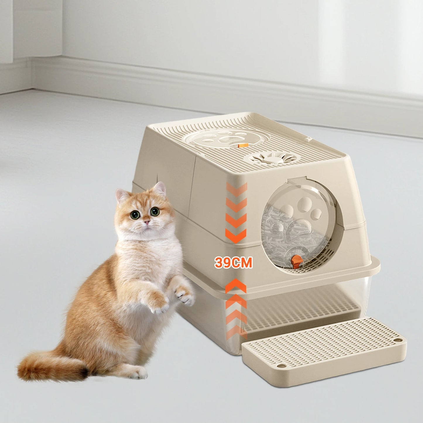 Fully Enclosed Cat Litter Box with Stainless Steel Tray & Easy-Flip Cover | Spill-Board & Scoop Included
