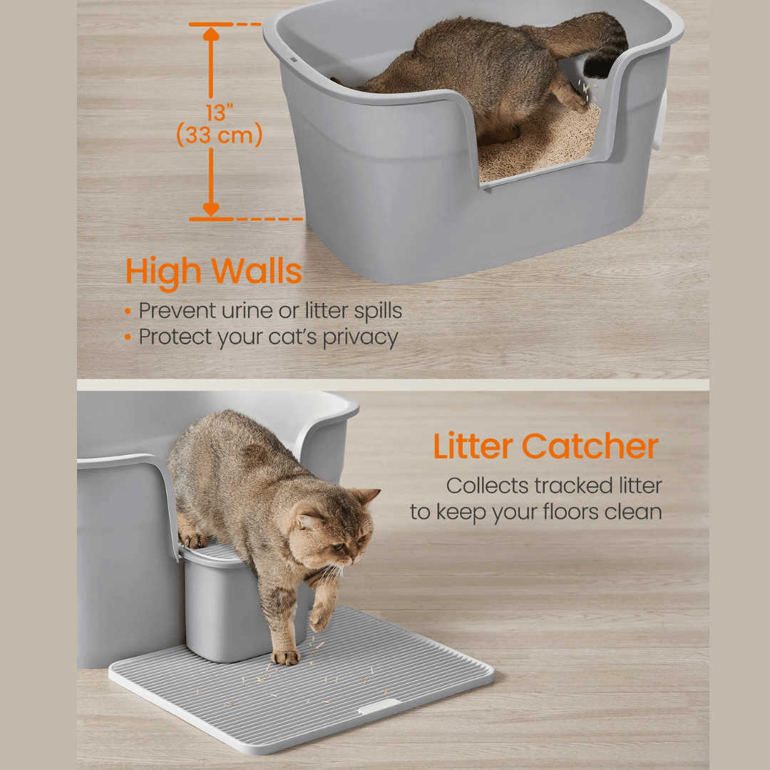 High-Sided Semi-Enclosed Cat Litter Box with Spill-Board & Waste Bag Storage Tub | Scoop Included