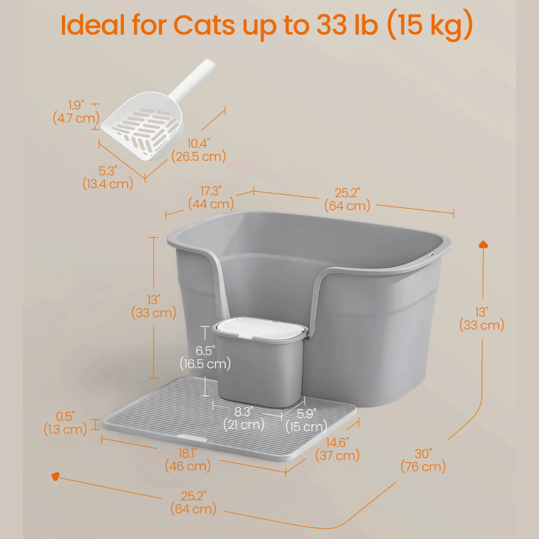 High-Sided Semi-Enclosed Cat Litter Box with Spill-Board & Waste Bag Storage Tub | Scoop Included