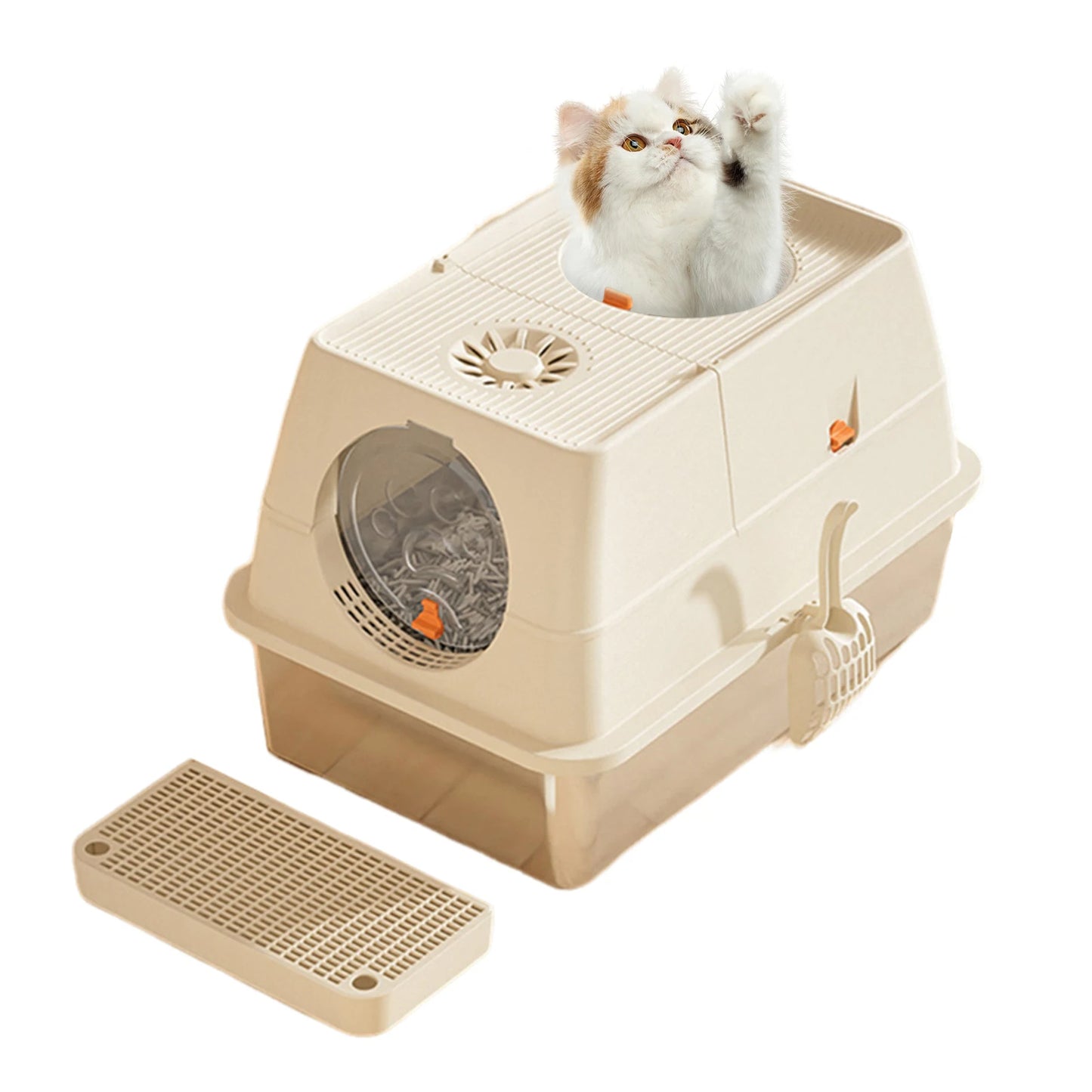 Fully Enclosed Cat Litter Box with Stainless Steel Tray & Easy-Flip Cover | Spill-Board & Scoop Included