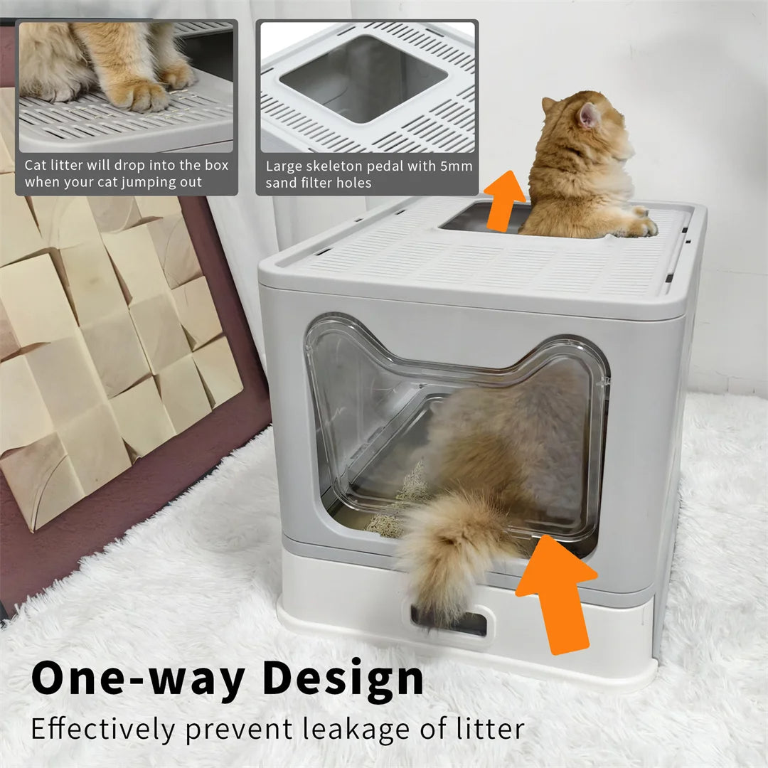 Enclosed Cat Litter Box with Stainless Steel Tray Drawer & Double Entry | Scoop Included 7
