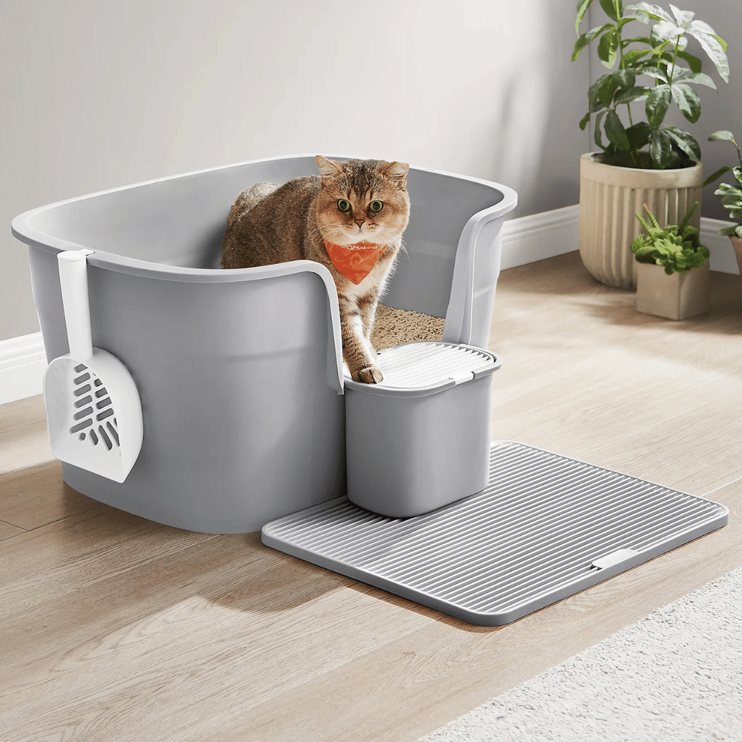 High-Sided Semi-Enclosed Cat Litter Box with Spill-Board & Waste Bag Storage Tub | Scoop Included