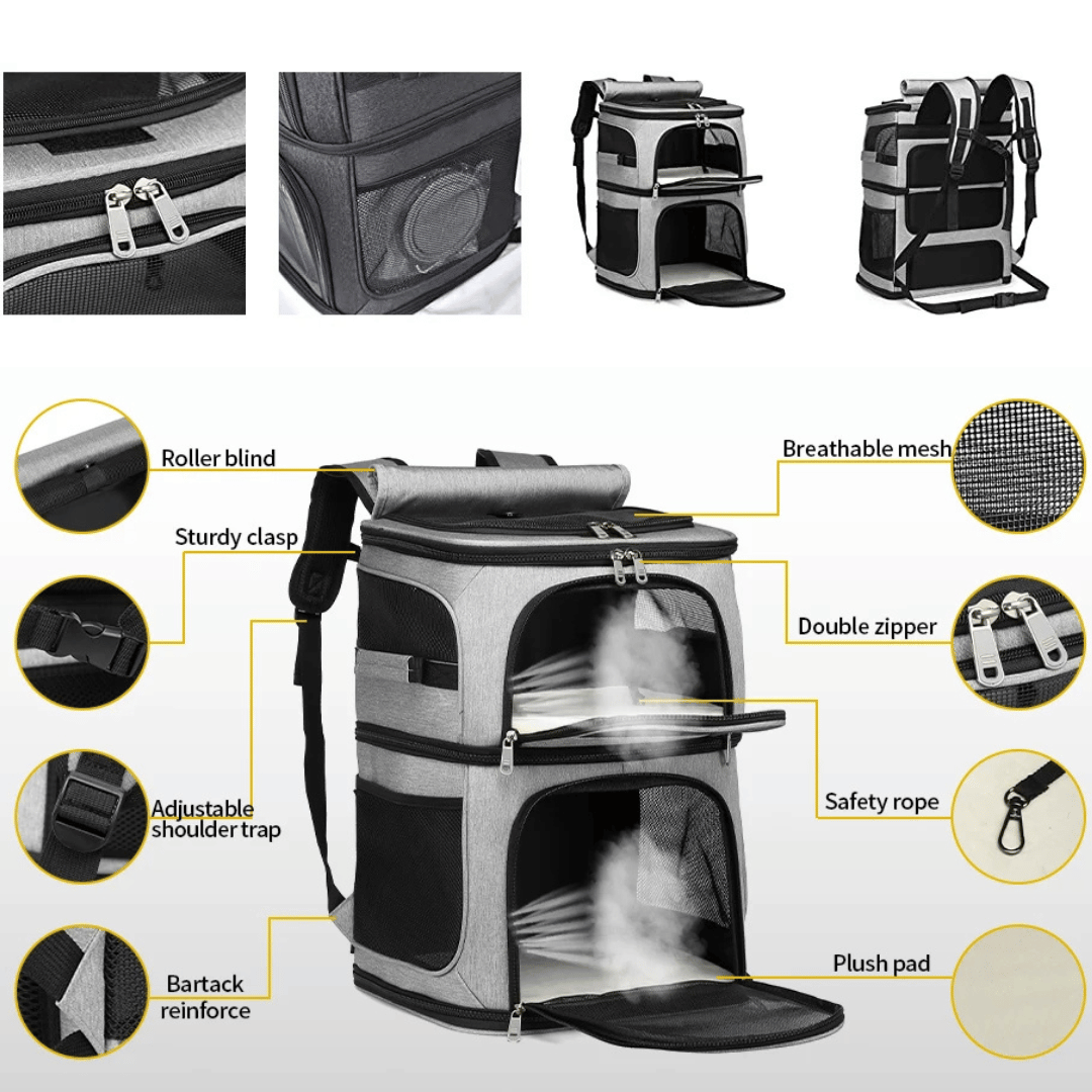 Ventilated Double Pet Carrier Backpack for Cats & Small Dogs with Two Compartments & Multiple Openings 8