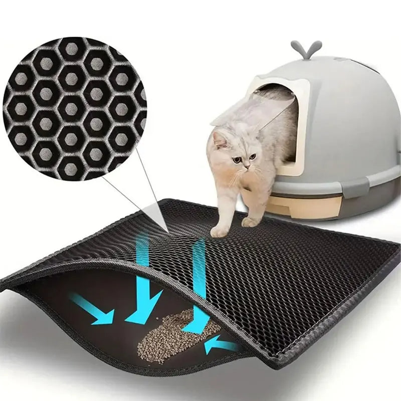 Honeycomb-Style Cat Litter Box Mat with Waterproof Double Layer to Trap Litter & Moisture
