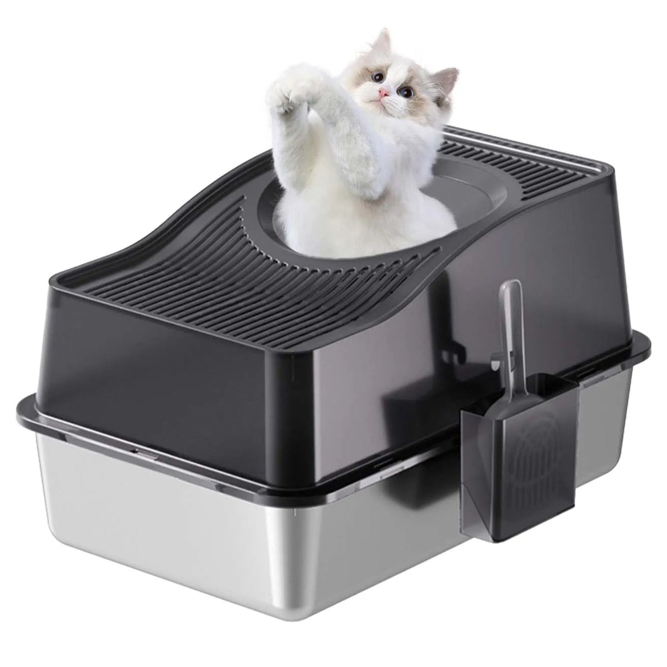 Enclosed Cat Litter Box with Stainless Steel Tray & Removable Top | Scoop & Holder Included 1
