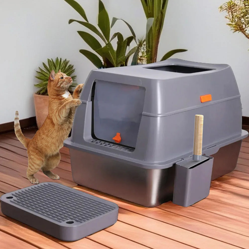 XL High-Sided Stainless Steel Enclosed Cat Litter Box with Step Tray, Scoop & Holder 5