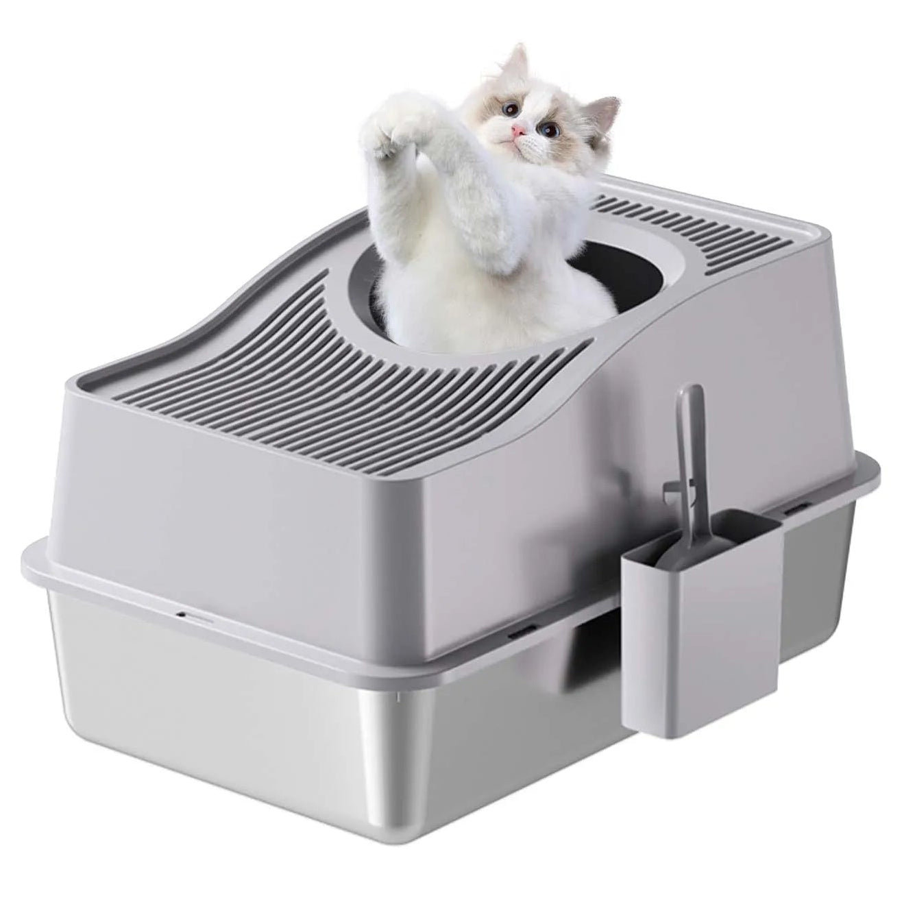 Enclosed Cat Litter Box with Stainless Steel Tray & Removable Top | Scoop & Holder Included 2