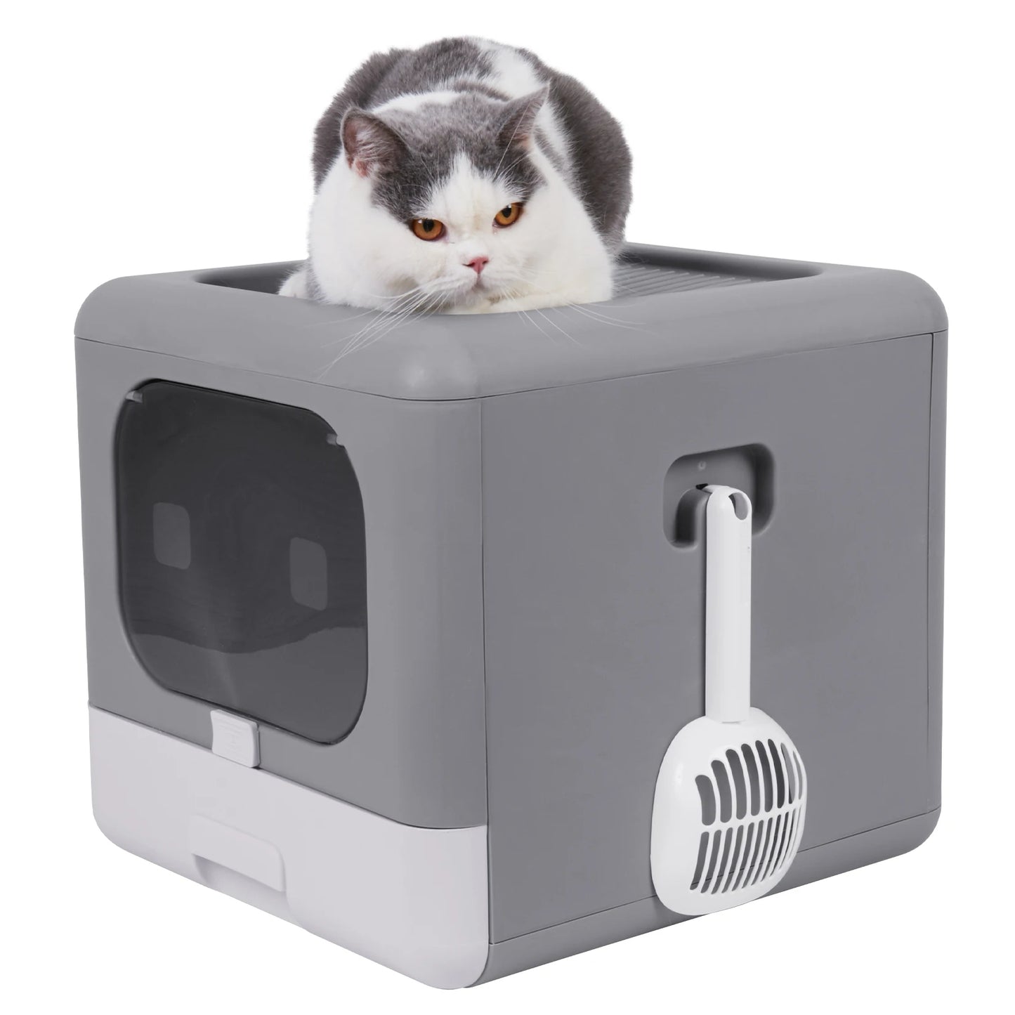 Dual-Entry Enclosed Cat Litter Box with Pull-Out Drawer Tray & Scoop 2