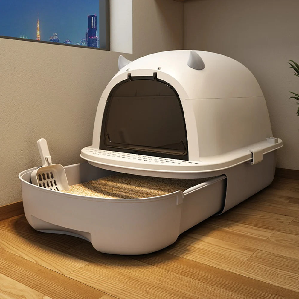 Enclosed Cat Litter Box with Swing Door & Pull-Out Tray Drawer | Scoop Included 10