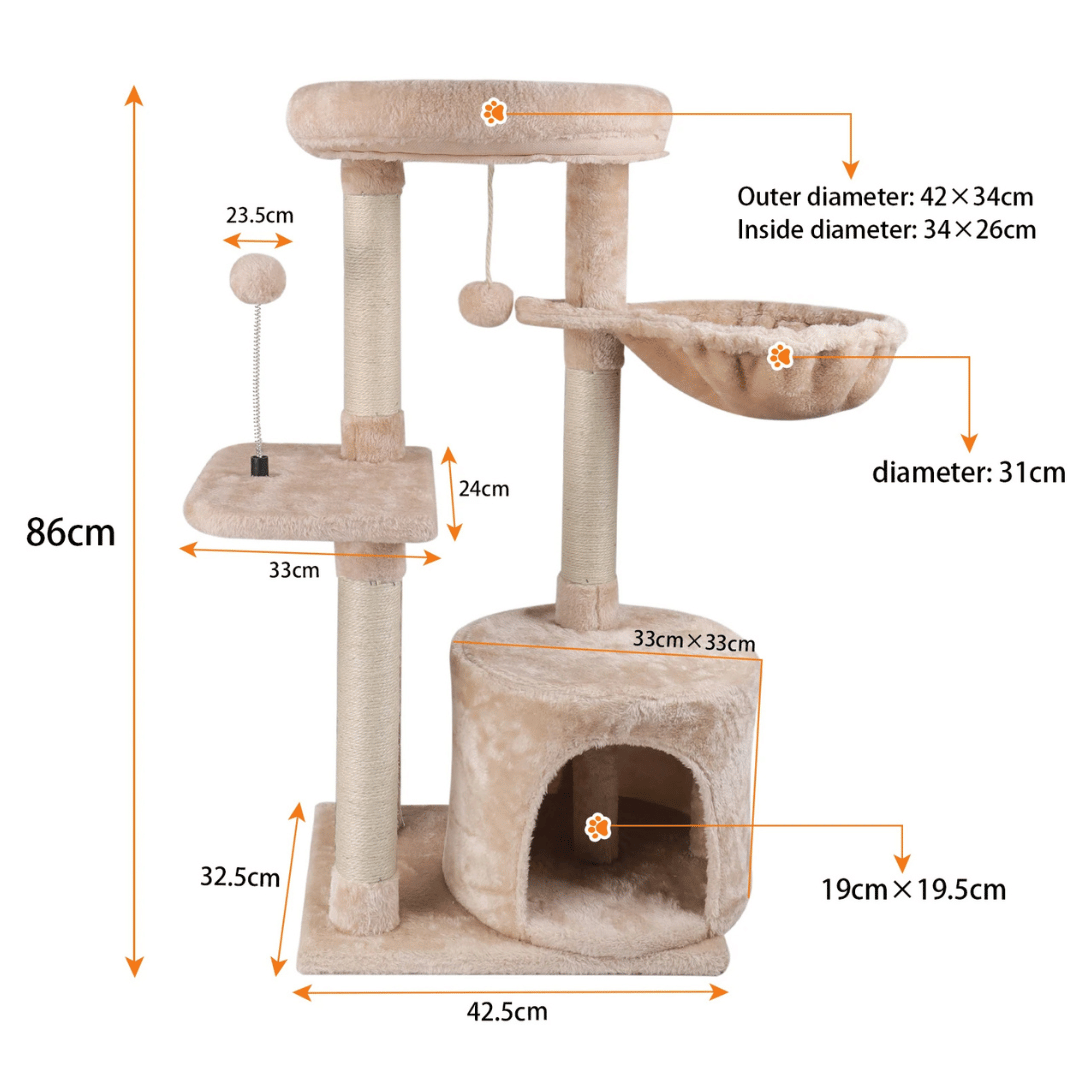 Plush Beige Cat Tree with Bolstered Perch, Condo & Basket 7