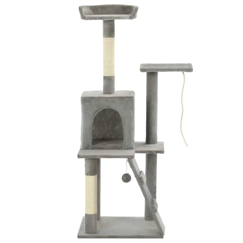 Plush Grey Cat Tree Tower with Condo, Ramp & Perches 7
