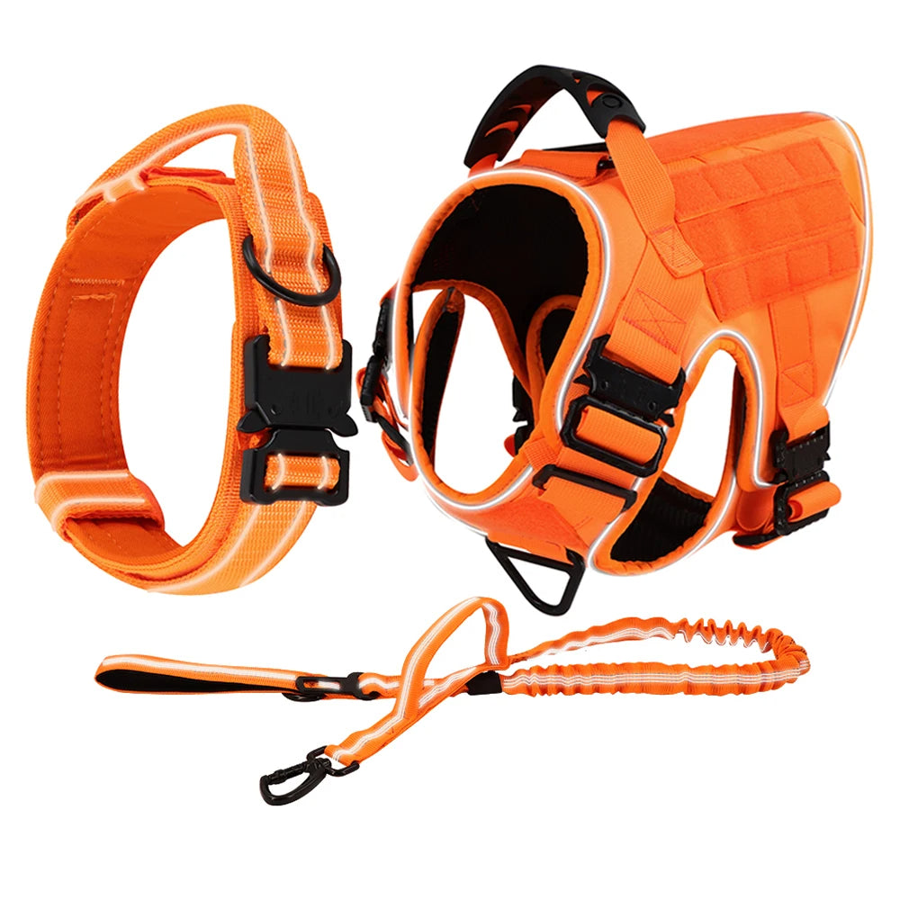 Reflective Orange Dog Harness with Collar, Leash & Pouch Set Options | Tactical Dog Training Vest 4
