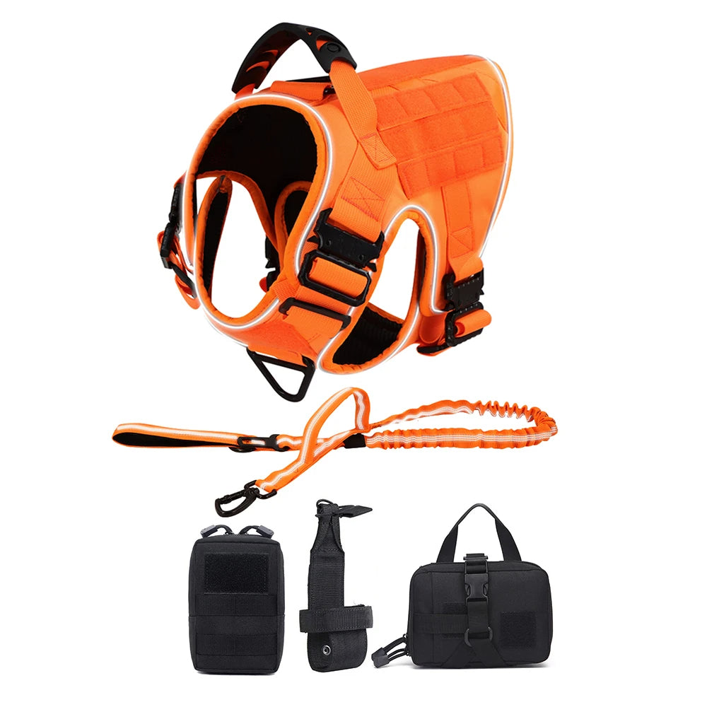 Reflective Orange Dog Harness with Collar, Leash & Pouch Set Options | Tactical Dog Training Vest 5
