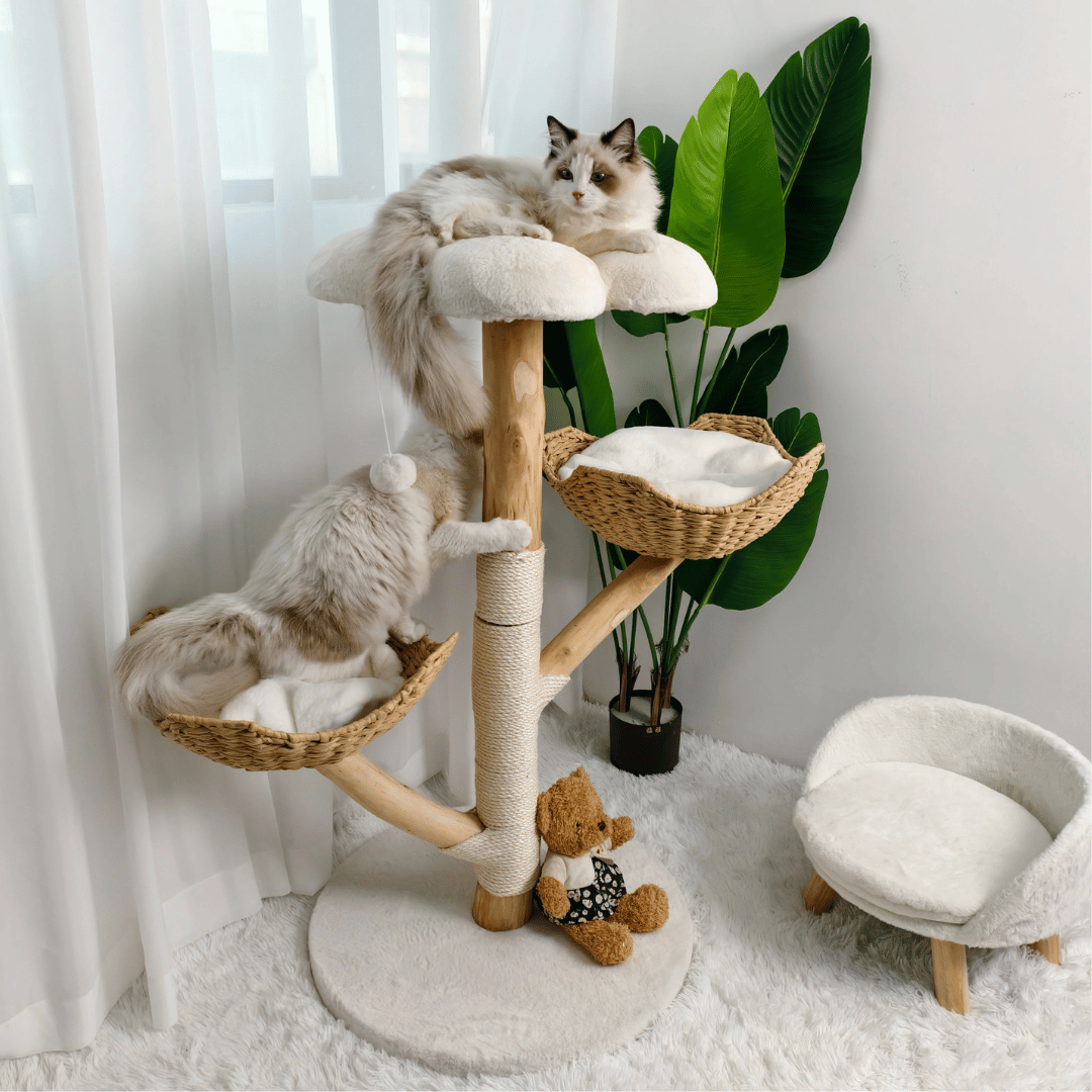 Solid Wood Cat Tree Tower with Plush Perch, Baskets & Scratching Post 11