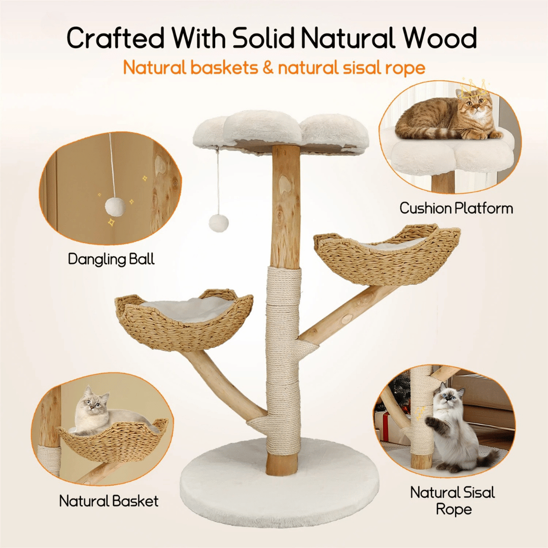 Solid Wood Cat Tree Tower with Plush Perch, Baskets & Scratching Post 12