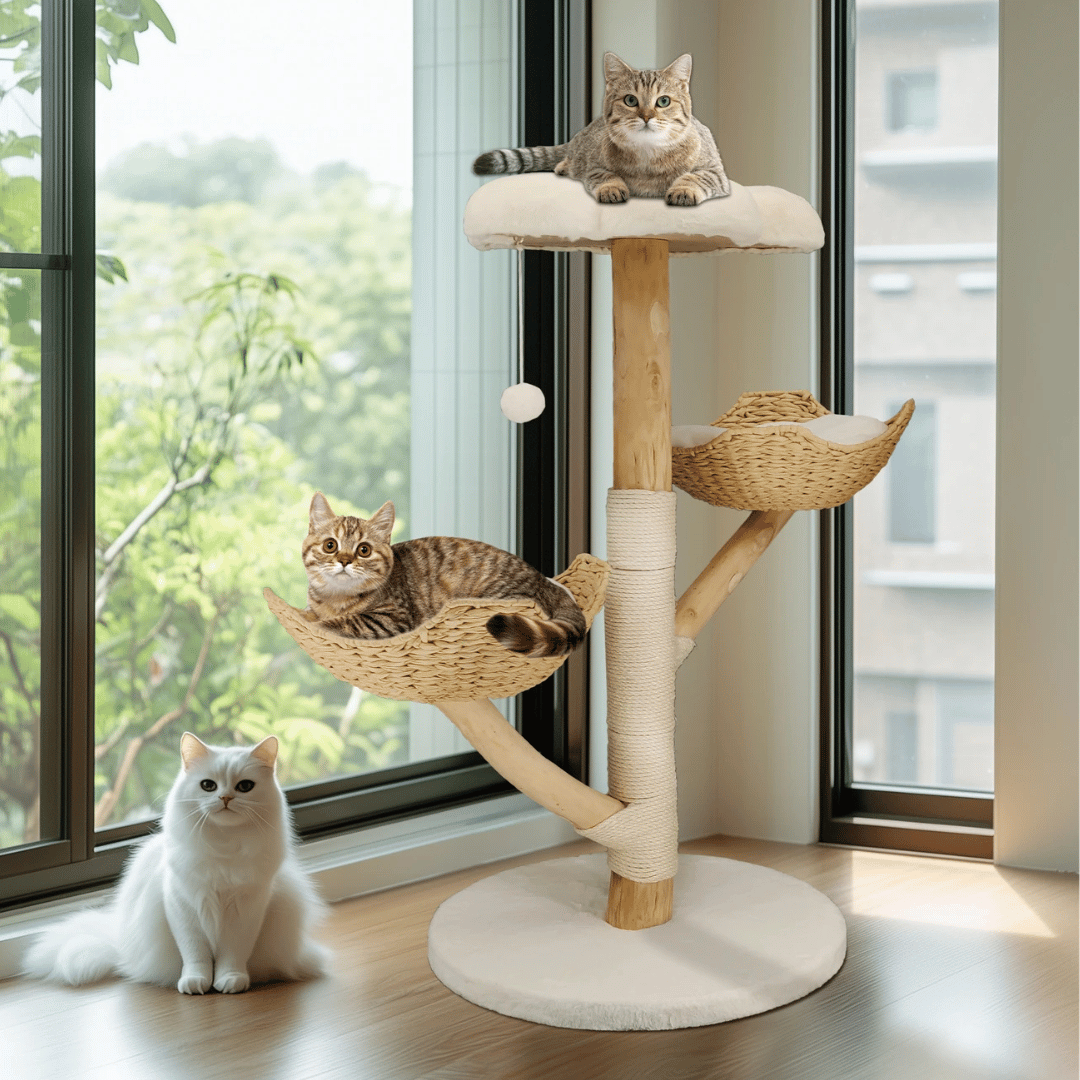 Solid Wood Cat Tree Tower with Plush Perch, Baskets & Scratching Post 2