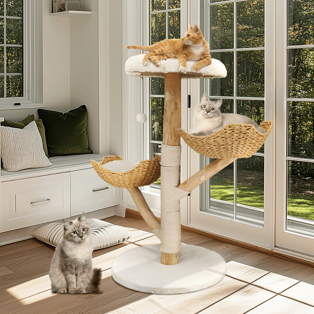 Solid Wood Cat Tree Tower with Plush Perch, Baskets & Scratching Post 8