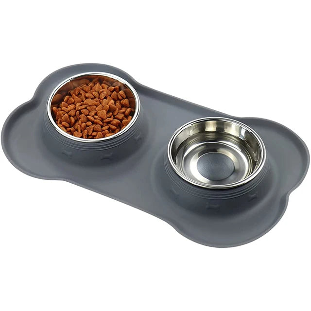 Stainless Steel Dog Bowls & Silicone Mat 1