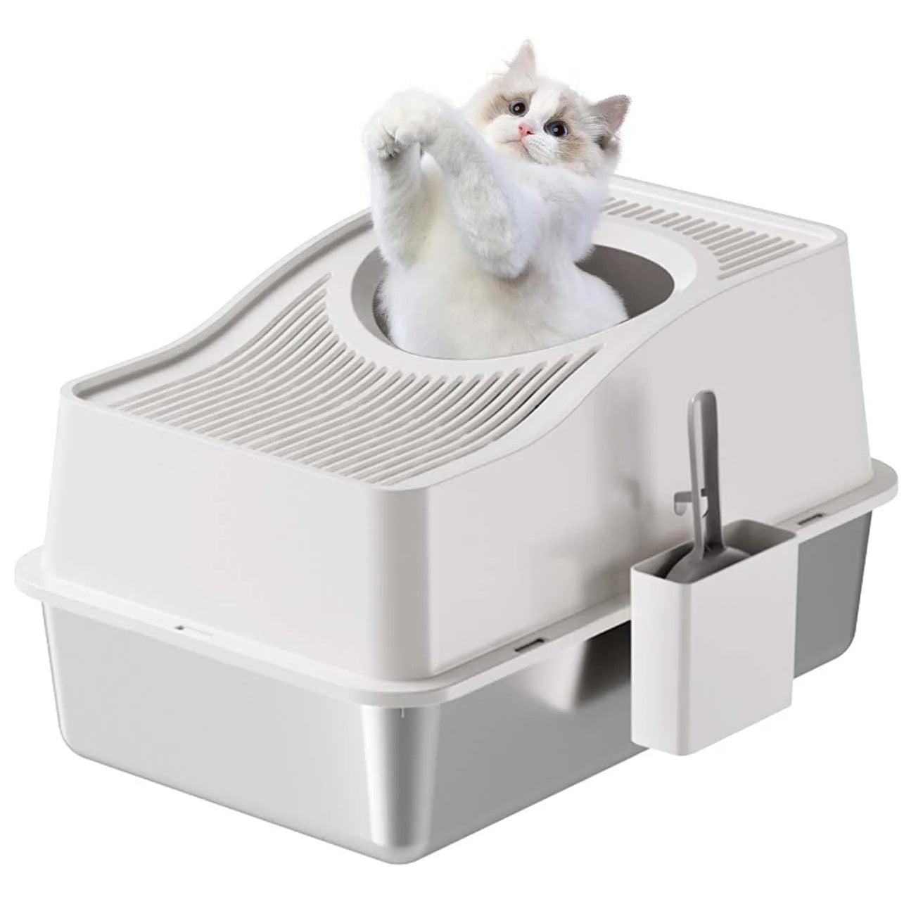 Enclosed Cat Litter Box with Stainless Steel Tray & Removable Top | Scoop & Holder Included 3