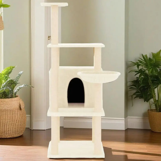 1.3 Metre Beige Cat Tree with Plush Condo, Basket & Perches 1