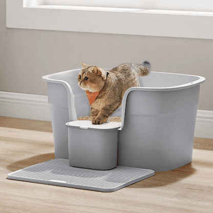 High-Sided Semi-Enclosed Cat Litter Box with Spill-Board & Waste Bag Storage Tub | Scoop Included