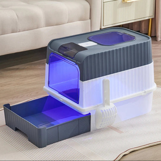 Enclosed Cat Litter Box with UV Sterilization, Pull-Out Tray & Double Entrance-Exit