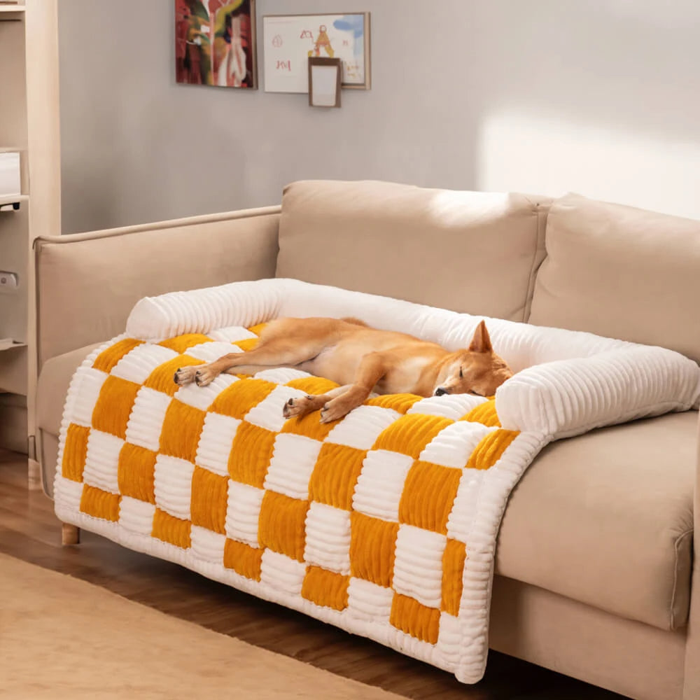 Cosy-Checkered Plush Dog Bed Sofa Protector with Bolster | For Smaller Dogs & Cats 11