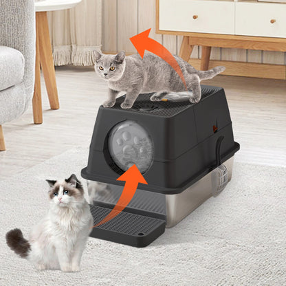 Fully Enclosed Cat Litter Box with Stainless Steel Tray & Easy-Flip Cover | Spill-Board & Scoop Included