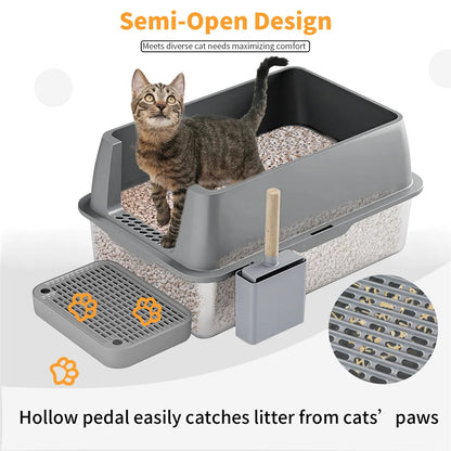 XL High-Sided Stainless Steel Enclosed Cat Litter Box with Step Tray, Scoop & Holder 4