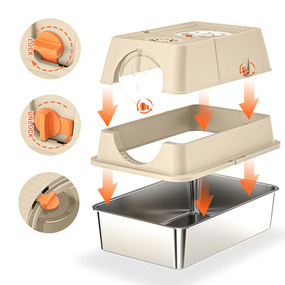 Fully Enclosed Cat Litter Box with Stainless Steel Tray & Easy-Flip Cover | Spill-Board & Scoop Included