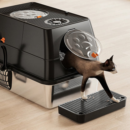 Fully Enclosed Cat Litter Box with Stainless Steel Tray & Easy-Flip Cover | Spill-Board & Scoop Included