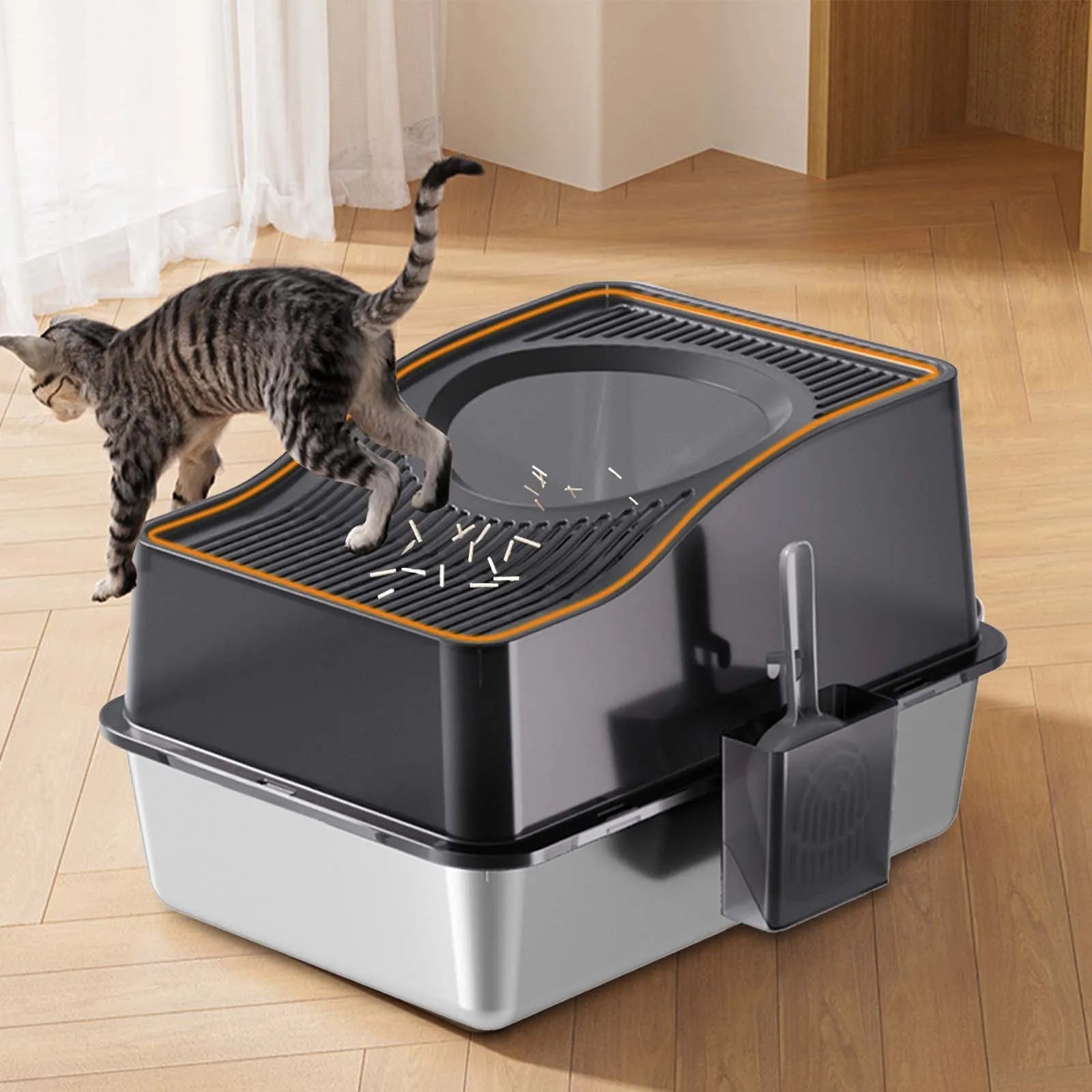 Enclosed Cat Litter Box with Stainless Steel Tray & Removable Top | Scoop & Holder Included 4