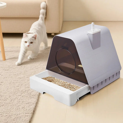 Modern House Enclosed Cat Litter Box with Pull-Out Tray, Mat & Built-In Scoop