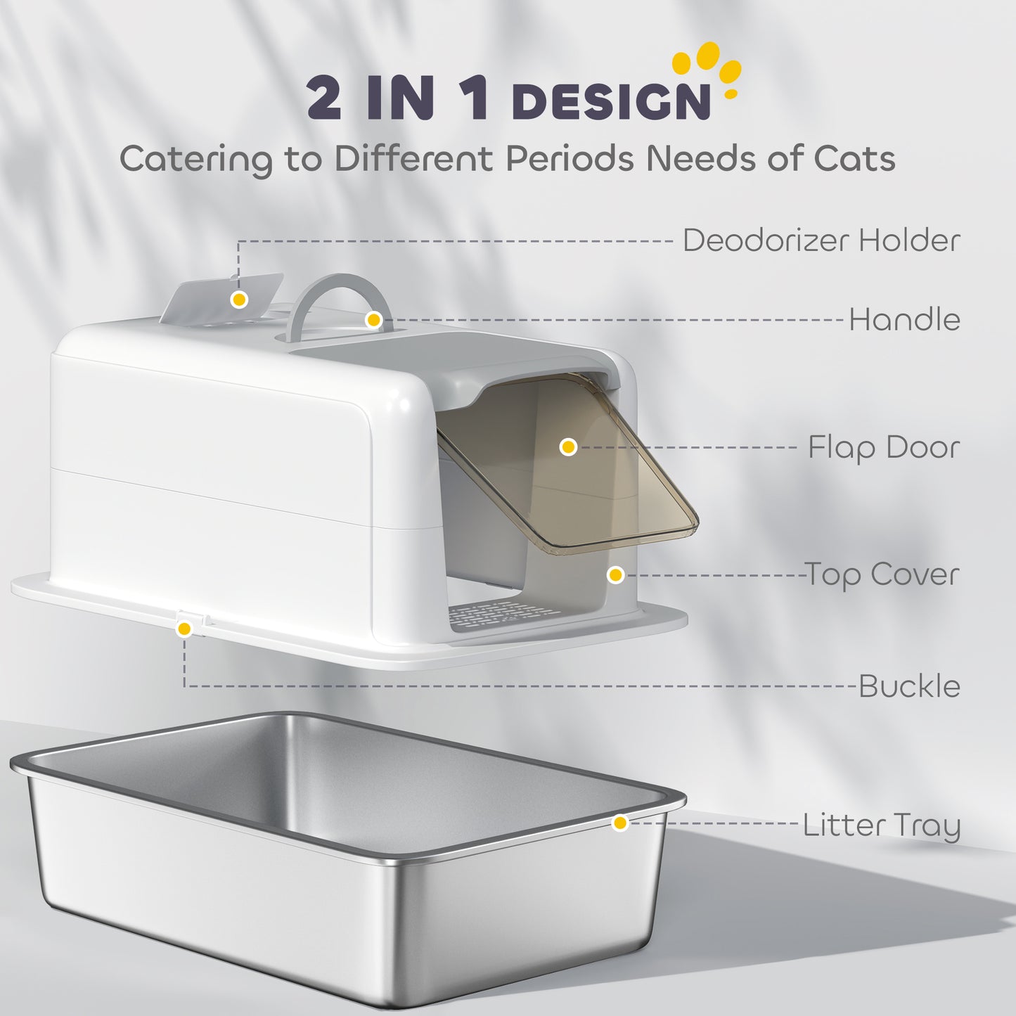Large Enclosed Cat Litter Box with Removable Stainless Steel Tray, Front Flap, Handle & Scoop