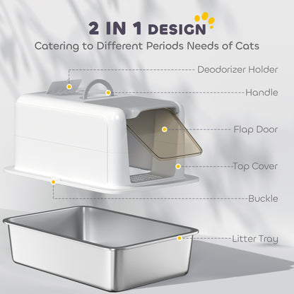 Large Enclosed Cat Litter Box with Removable Stainless Steel Tray, Front Flap, Handle & Scoop