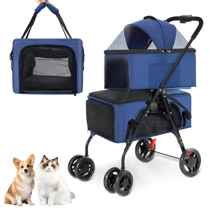 Detachable Double Basket Pet Stroller for Dogs & Cats with One-Touch Fold 2