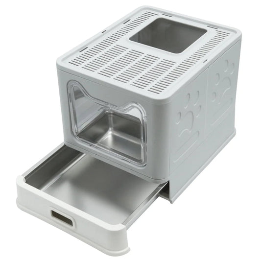 Enclosed Cat Litter Box with Stainless Steel Tray Drawer & Double Entry | Scoop Included 1