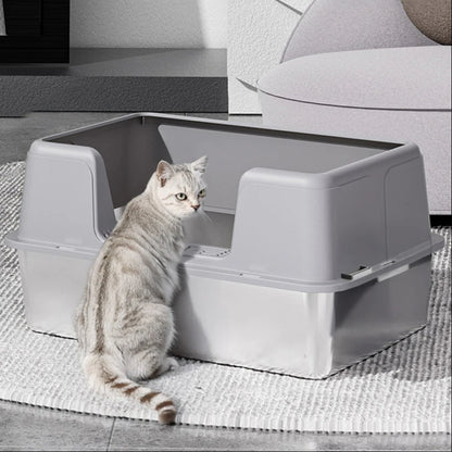 High-Sided Semi-Enclosed Cat Litter Box with Stainless Steel Litter Tray | Scoop Included 2