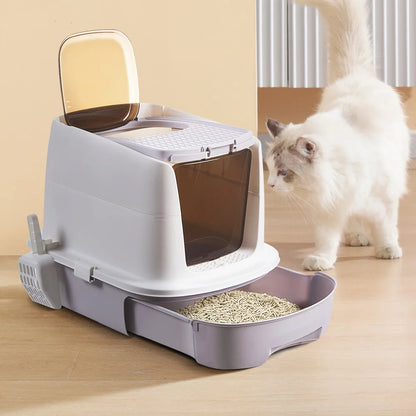 Spacious Enclosed Cat Litter Box with Flexible Lid Postioning & Pull-Out Tray 6
